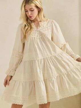 New Lace-Trim Tiered Babydoll Dress in Creamby Sage+Fig
